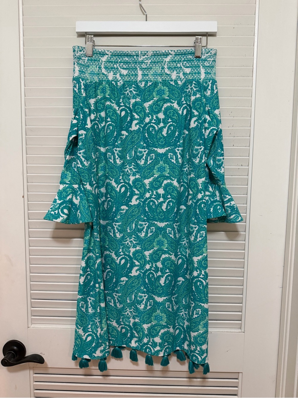 Teal Paisley Off-Shoulder Midi Dress with Tassel Hem